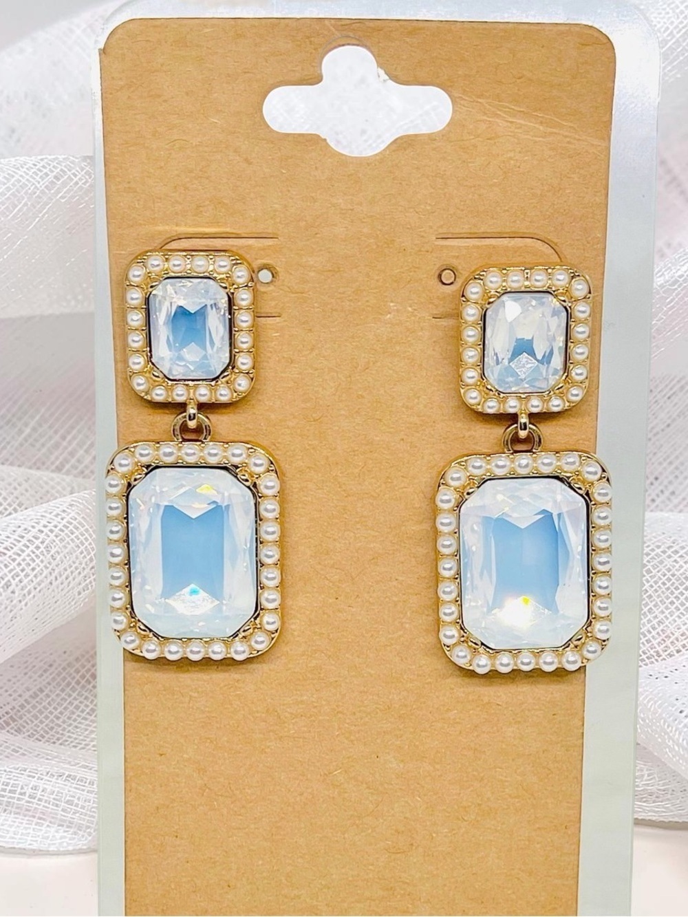 Elegant Opalite & Faux Pearl Gold Tone Statement Drop Earrings